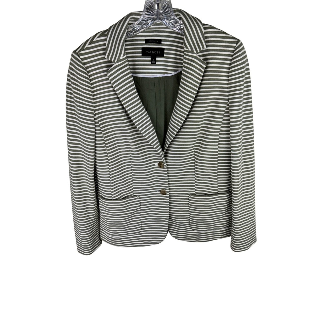 Talbots Aberdeen Knit Blazer‎ Womens 8 Olive Green White Striped 2 Button Jacket